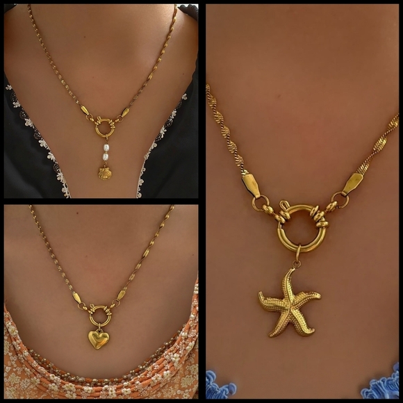 Boho Chic Starfish Heart Shell 18K Gold Plated Stainless Steel Necklace - Picture 3 of 9
